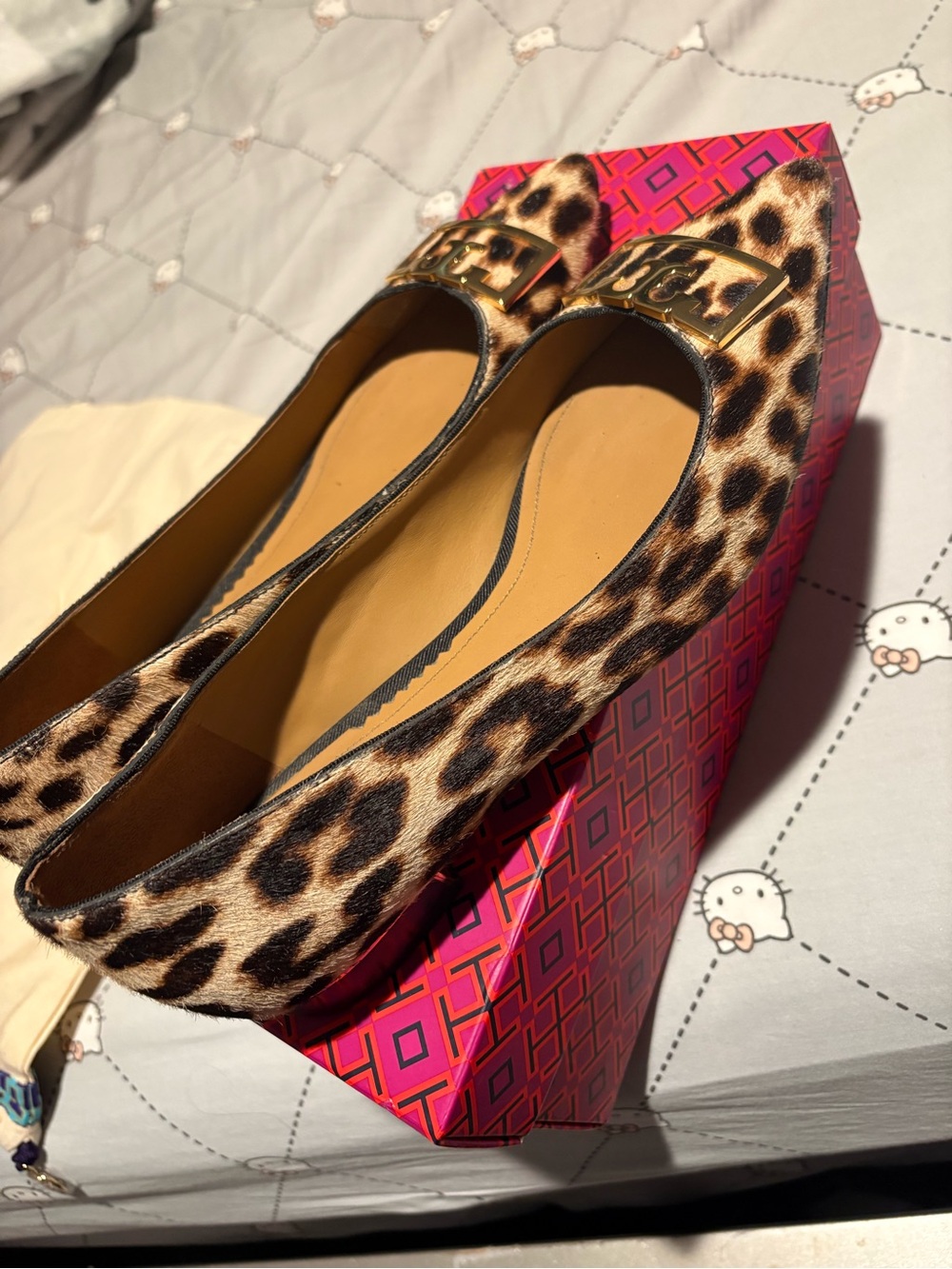 Tory Burch Leopard Print Ballet Flats with Gold Logo Buckle